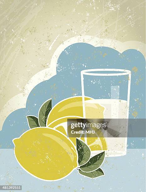stockillustraties, clipart, cartoons en iconen met glass of lemonade with lemons and sky - citroen frisdrank