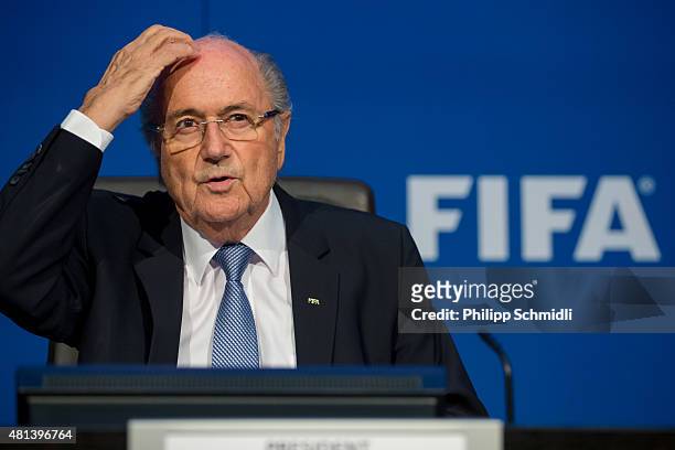 President Joseph S. Blatter attends a press conference at the Extraordinary FIFA Executive Committee Meeting at the FIFA headquarters on July 20,...
