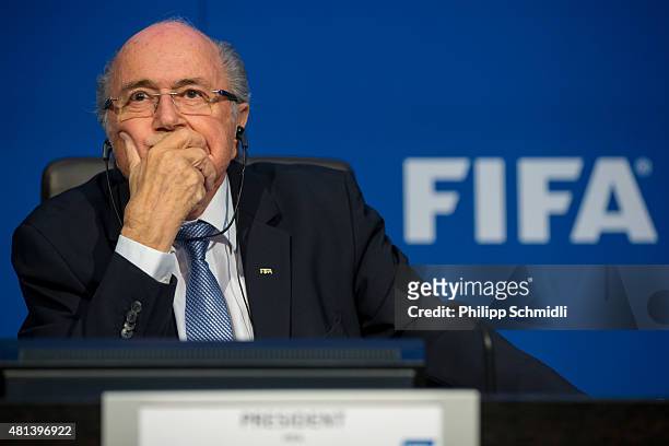 President Joseph S. Blatter attends a press conference at the Extraordinary FIFA Executive Committee Meeting at the FIFA headquarters on July 20,...