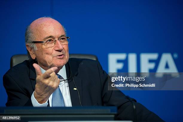 President Joseph S. Blatter attends a press conference at the Extraordinary FIFA Executive Committee Meeting at the FIFA headquarters on July 20,...