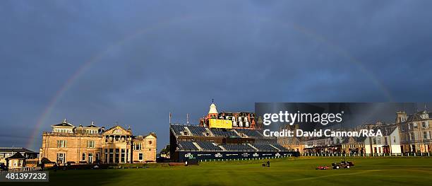 Rainbow comes out over the Royal and Ancient clubhouse after the third round of the 144th Open Championship at The Old Course on July 19, 2015 in St...