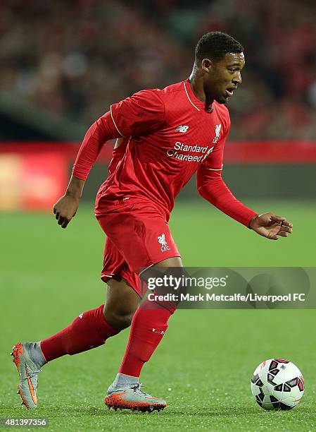 Jordon Ibe of Liverpool controls the ball during the international friendly match between Adelaide United and Liverpool FC at Adelaide Oval on July...