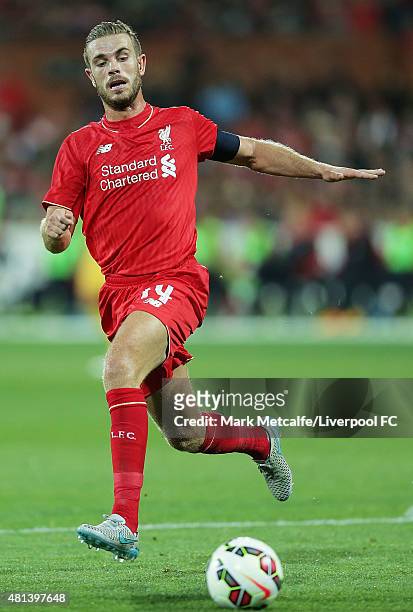 Jordan Henderson of Liverpool controls the ball during the international friendly match between Adelaide United and Liverpool FC at Adelaide Oval on...