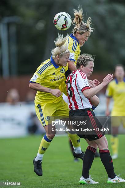 Gemma Davison of Chelsea wins a header over teammate Katie Chapman and Victoria Groundwell of Sunderland during the WSL 1 match between Sunderland...