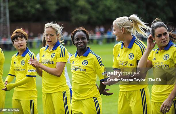 Chelsea players seen L-R Ji So Yun, Gemma Davison, Enjiola Aluko, Francesca Kirby, Katie Chapman and Claire Rafferty line up during the WSL 1 match...