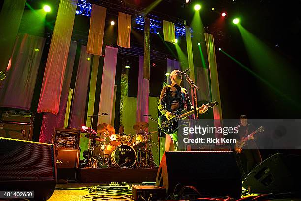 Musicians Jimmy Chamberlin, Billy Corgan, and Jeff Schroeder of The Smashing Pumpkins perform in concert at ACL Live on July 19, 2015 in Austin,...