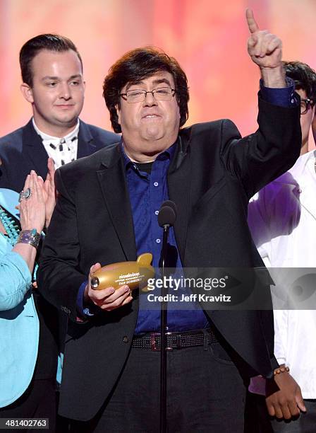 Writer/producer Dan Schneider speaks onstage while accepting the Lifetime Achievement Award at Nickelodeon's 27th Annual Kids' Choice Awards at USC...