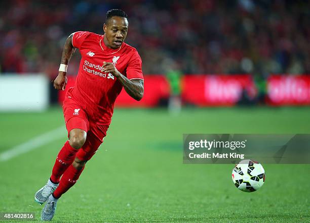 Nathaniel Clyne of Liverpool controls the ball during the international friendly match between Adelaide United and Liverpool FC at Adelaide Oval on...