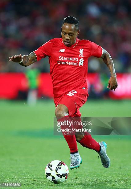Nathaniel Clyne of Liverpool controls the ball during the international friendly match between Adelaide United and Liverpool FC at Adelaide Oval on...