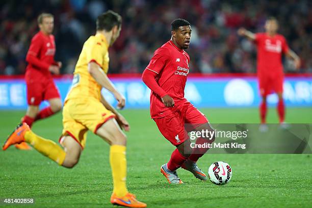 Jordon Ibe of Liverpool controls the ball during the international friendly match between Adelaide United and Liverpool FC at Adelaide Oval on July...