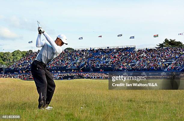 Tiger Woods of the United States hits an approach shot on the 17th hole during the second round of the 144th Open Championship at The Old Course on...
