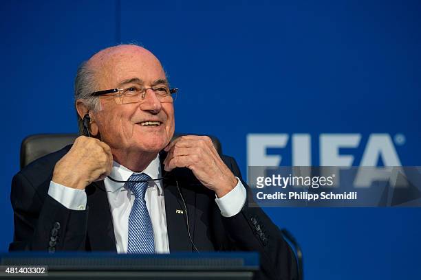 President Joseph S. Blatter smiles during a press conference at the Extraordinary FIFA Executive Committee Meeting at the FIFA headquarters on July...