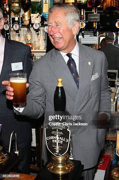 Prince Charles, Prince of Wales visits The Falmouth Arms as part of his 'Pub is the Hub' Initiative on July 20, 2015 in Truro, England.