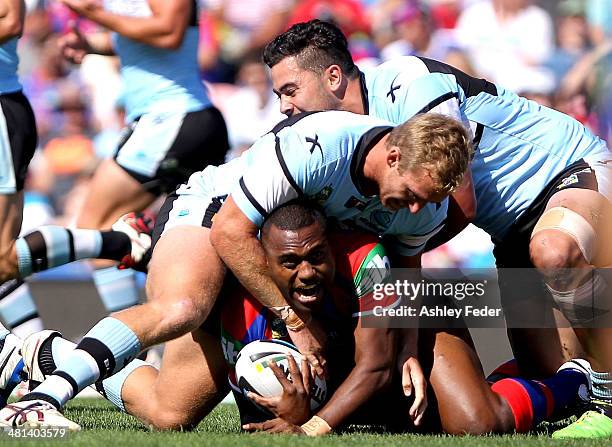 Akuila Uate of the Knights is tackled by the Sharks defence during the round four NRL match between the Newcastle Knights and the Cronulla Sutherland...