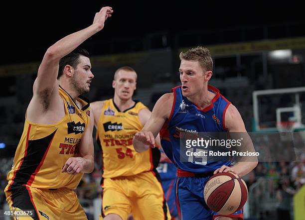 Rhys Carter of the 36ers drives to the basket during game two of the NBL Semi Final series between the Melbourne Tigers and the Adelaide 36ers at...
