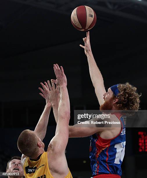 Luke Schenscher of the 36ers shoots during game two of the NBL Semi Final series between the Melbourne Tigers and the Adelaide 36ers at Hisense Arena...