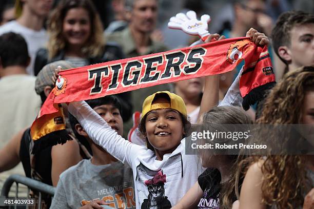 Fans show their support during game two of the NBL Semi Final series between the Melbourne Tigers and the Adelaide 36ers at Hisense Arena on March...