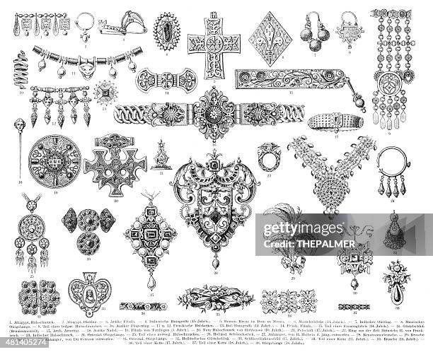 ilustrações, clipart, desenhos animados e ícones de joias antigas estampa em 1896 - necklace