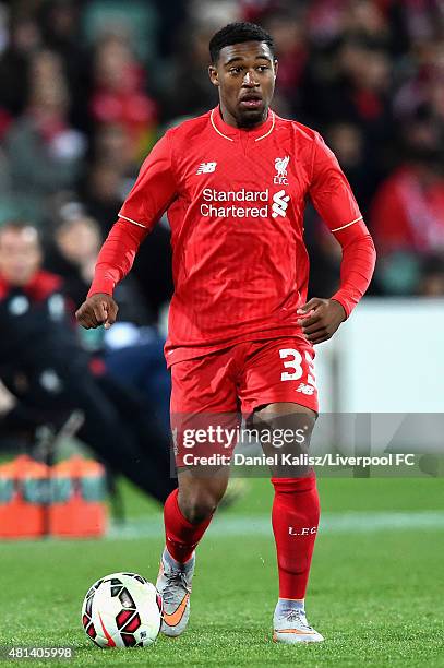 Jordan Ibe of Liverpool looks to pass the ball during the international friendly match between Adelaide United and Liverpool FC at Adelaide Oval on...