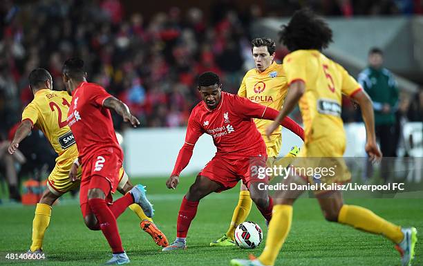 Jordan Ibe of Liverpool evades a tackle during the international friendly match between Adelaide United and Liverpool FC at Adelaide Oval on July 20,...