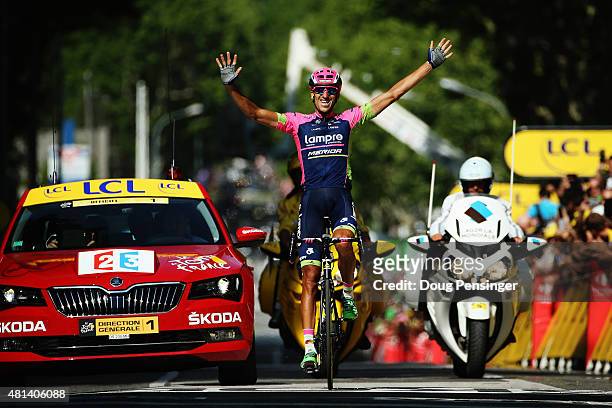 Ruben Plaza of Spain and Lampre-Merida celebrates as he crosses the finish line to win the sixteenth stage of the 2015 Tour de France, a 201km stage...