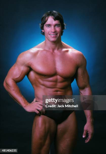 Professional bodybuilder Arnold Schwarzenegger posing at the top of his form in October 1976.