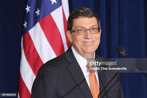 Cuban Foreign Minister Bruno Rodriguez delivers remarks during the re-opening ceremony for the Cuban embassy July 20, 2015 in Washington, DC. The...