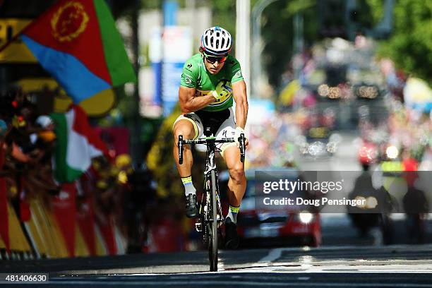 Peter Sagan of Slovakia and Tinkoff-Saxo reacts as he crosses the finish line in second during the sixteenth stage of the 2015 Tour de France, a...