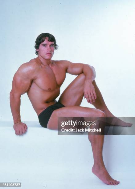 Professional bodybuilder Arnold Schwarzenegger posing at the top of his form in October 1976.