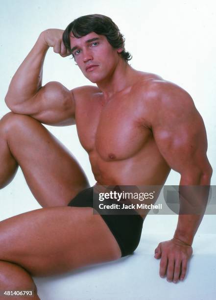 Professional bodybuilder Arnold Schwarzenegger posing at the top of his form in October 1976.