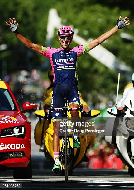 Ruben Plaza Molina of Spain and Lampre-Merida celebrates as he crosses the finish line to win the sixteenth stage of the 2015 Tour de France, a 201km...