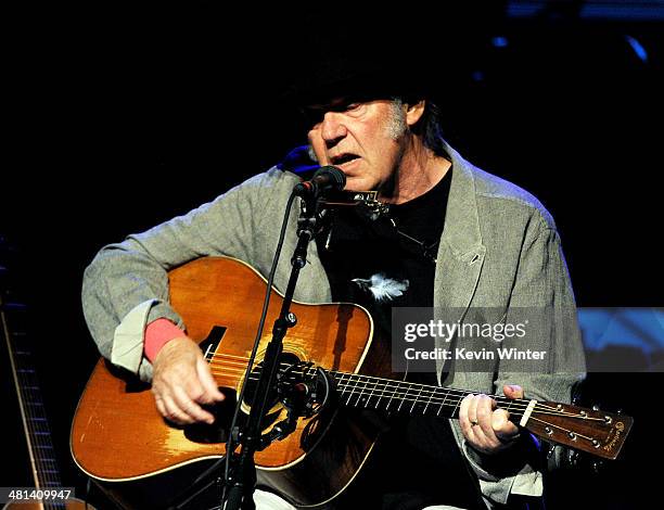 Singer/songwriter Neil Young performs at the Dolby Theatre on March 29, 2014 in Los Angeles, California.