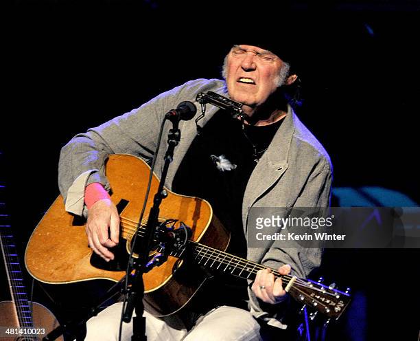 Singer/songwriter Neil Young performs at the Dolby Theatre on March 29, 2014 in Los Angeles, California.
