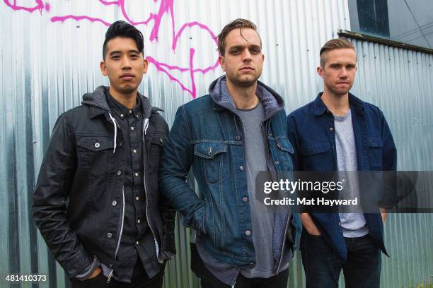 Jason Suwito, Landon Jacobs and Hayden Coplen of Sir Sly pose for a photo before performing and EndSession hosted by 107.7 The End at The Showbox on...