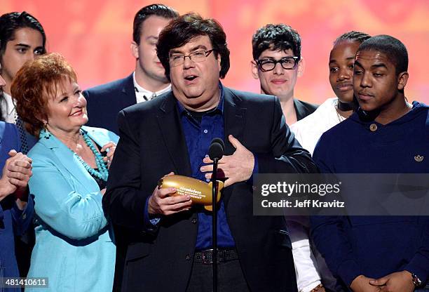 Writer/Producer Dan Schneider speaks onstage as actors Avan Jogia , Maree Cheatham, Noah Munck , Matt Bennet, Leon Thomas III and Chris Massey look...