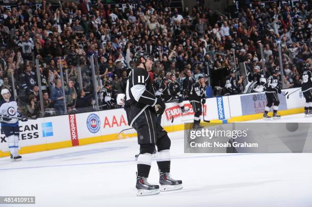 Anze Kopitar of the Los Angeles Kings skates on the ice during the game against the Winnipeg Jets at Staples Center on March 29, 2014 in Los Angeles,...