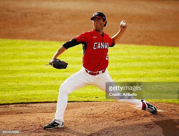 Jeff Francis of Canada pitches against the USA during their Gold Medal match at the Pan Am Games on July 19, 2015 in Toronto, Canada.