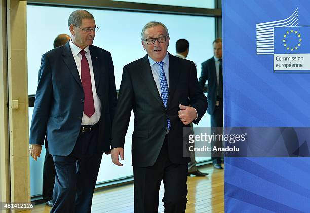 Prime Minister of Tunisia Habib Essid is welcomed by European Commission President Jean Claude Juncker prior to a meeting at the European Commission...