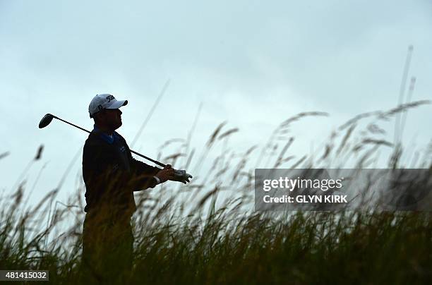 Australia's Marc Leishman watches his shot from the 6th tee during his final round, on day five of the 2015 British Open Golf Championship on The Old...