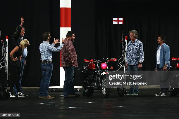 Riana Crehan, Jeremy Clarkson, Steve Pizzati, Shane Jacobson, James May and Richard Hammond during Clarkson, Hammond and May Live! at Perth Arena on...