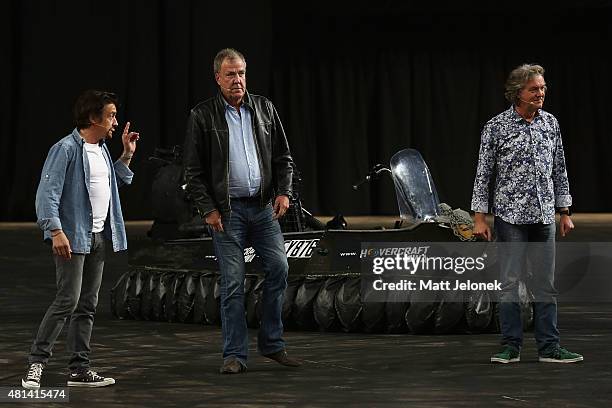 Richard Hammond, Jeremy Clarkson and James May during Clarkson, Hammond and May Live! at Perth Arena on July 19, 2015 in Perth, Australia.