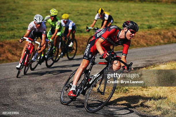 Tejay van Garderen of the United States and BMC Racing Team leads a pack of riders during the sixteenth stage of the 2015 Tour de France, a 201km...