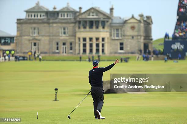 Adam Scott of Australia hits his first tee shot out of bounds on the 18th hole during the final round of the 144th Open Championship at The Old...