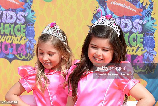 Personalities Sophia Grace Brownlee and Rosie Grace McClelland attend Nickelodeon's 27th Annual Kids' Choice Awards held at USC Galen Center on March...