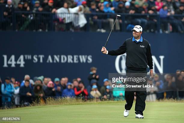 Marc Leishman of Australia reacts to a putt on the 17th hole during the final round of the 144th Open Championship at The Old Course on July 20, 2015...