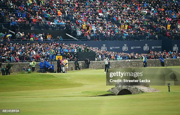 Jordan Spieth of the United States tees off on the 18th hole during the final round of the 144th Open Championship at The Old Course on July 20, 2015...