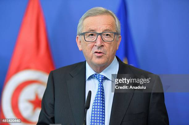 European Commission President Jean Claude Juncker speaks during a press conference with Prime Minister of Tunisia Habib Essid following a meeting at...