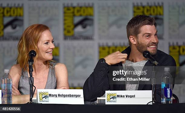 Actress Marg Helgenberger and actor Mike Vogel attend CBS TV Studios' panel for "Under the Dome" during Comic-Con International 2015 at the San Diego...