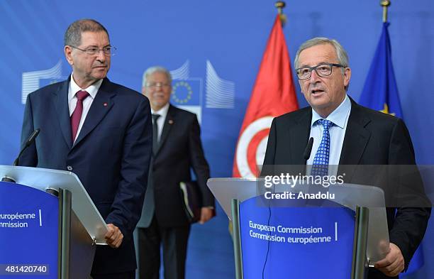 European Commission President Jean Claude Juncker speaks during a press conference with Prime Minister of Tunisia Habib Essid following a meeting at...