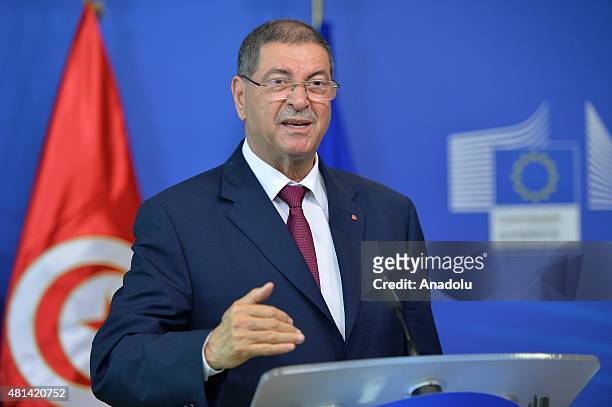 Prime Minister of Tunisia Habib Essid speaks during a press conference with European Commission President Jean Claude Juncker following a meeting at...